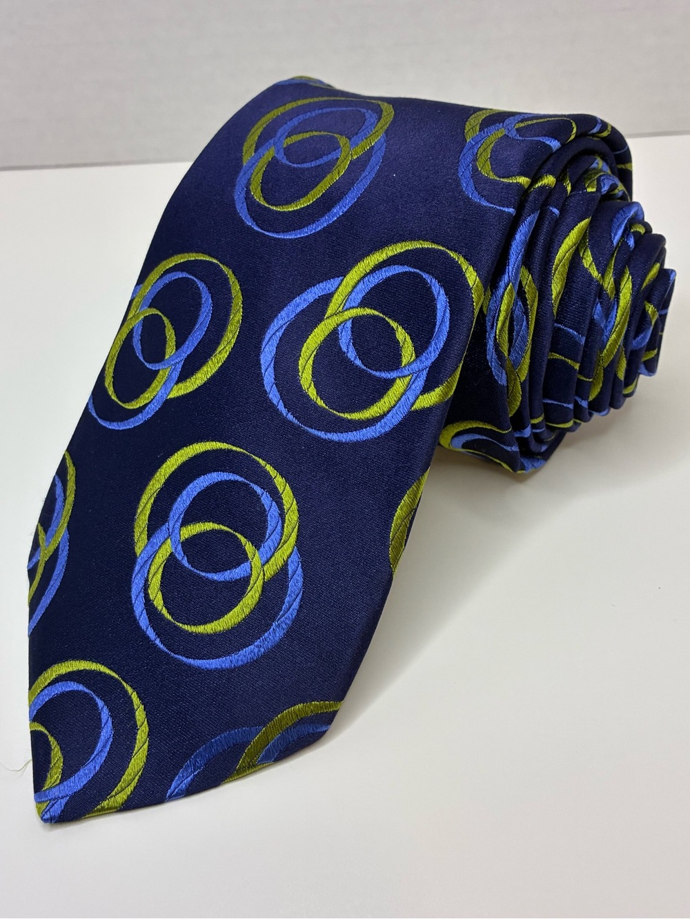 Ted Baker London Silk Tie Mens Navy Blue Green Circles Geometric Avant Garde 58”